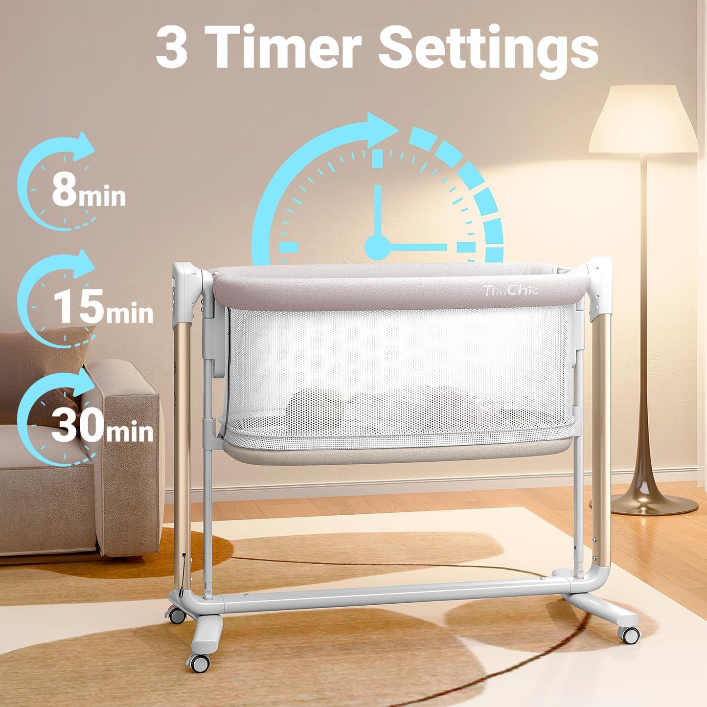 Electric Baby Bassinet, 7 Height Adjustable Rocking Bassinet for Baby, Auto Infant Sleeper with Timer, 12 Lullabies, Wheels, Smart Rocking Crib for Newborns, Beige