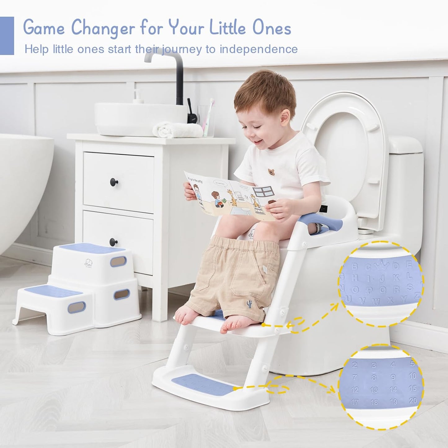 Forbena Potty Training Toilet Seat with Step Stool Ladder, Toddler Kids Potty Seat for Boys Girls, Non Slip Foldable Toilet Training Seat with Soft Cushion, Comfortable Handles (White-Grey)