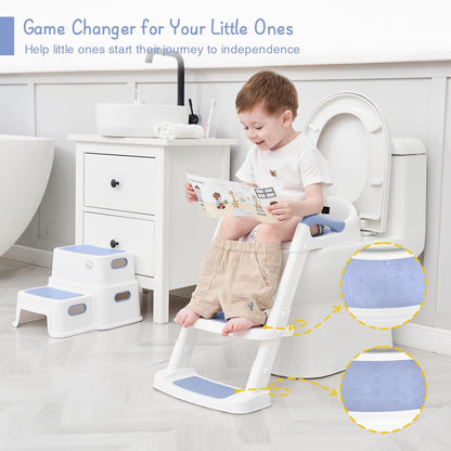 Forbena Potty Training Toilet Seat with Step Stool Ladder, Toddler Kids Potty Seat for Boys Girls, Non Slip Foldable Toilet Training Seat with Soft Cushion, Comfortable Handles (White-Grey)