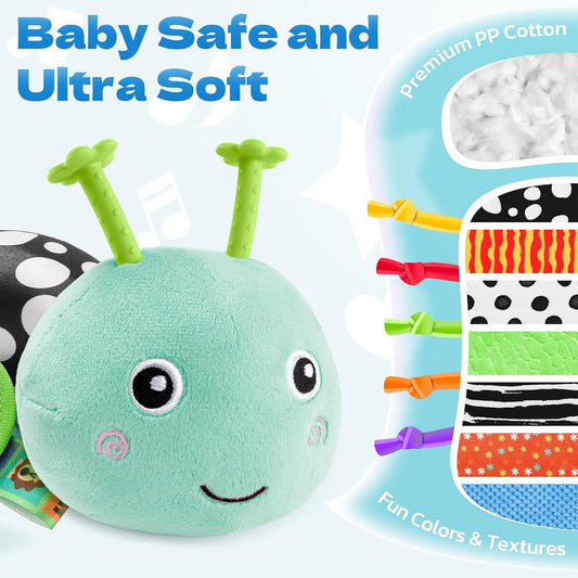 HEMRLY Baby Sensory Toy 0-6 Months, Musical Stuffed Caterpillar Plush with Teether, Crinkle, Rattle, Baby Mirror for Tummy Time, Infant Car Seat Toy for 0-3-6-12 Month Boys Girls Gifts - Knotted Green