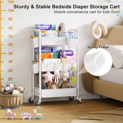 Beige 3 Tier Rolling Cart Metal on Wheels, Three Tiered Storage Organizer Utility Trolley with Wheels for Art, Craft, Baby Diaper Caddy, Snack, Book, Nail, Lash, Cleaning Supplies, Kitchen, Bathroom