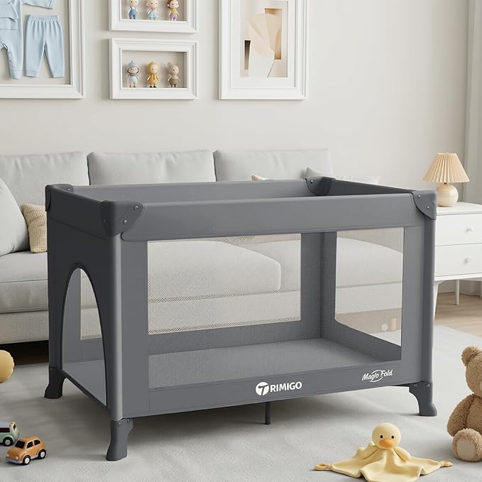 Portable Travel Crib & Playpen - Baby Safe Folding Travel Bed w/Mattress, Breathable Mesh | Compact Lightweight Baby Bed | Pack and Play for Babies & Toddlers (Grey)
