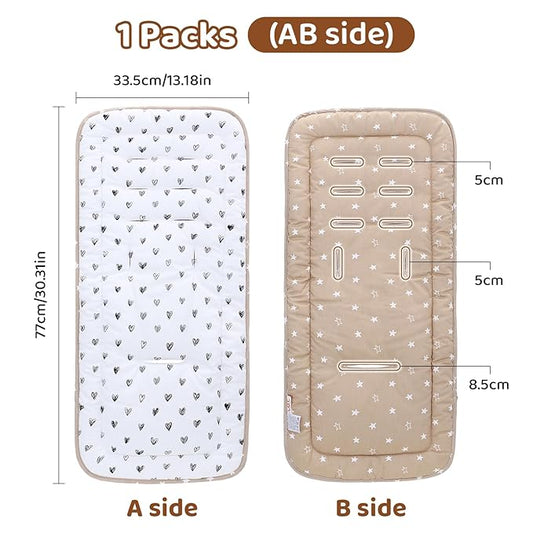 Baby Stroller Cushion,Infant Car Seat Insert-Reversible Universal Breathable and Soft Newborn Stroller Mat,100% Cotton Cover Toddler Seat Pad Liner-34x78cm,1 Pack(Black Heart+Khaki)