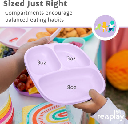 Re-Play Toddler Plates with Dividers - Deep-Walled 3 Compartments Divided Plates for Kids - Dishwasher & Microwave Safe - Made in USA - Set of 3-7.37" x 7.37" x 1.25" - Beach Baby