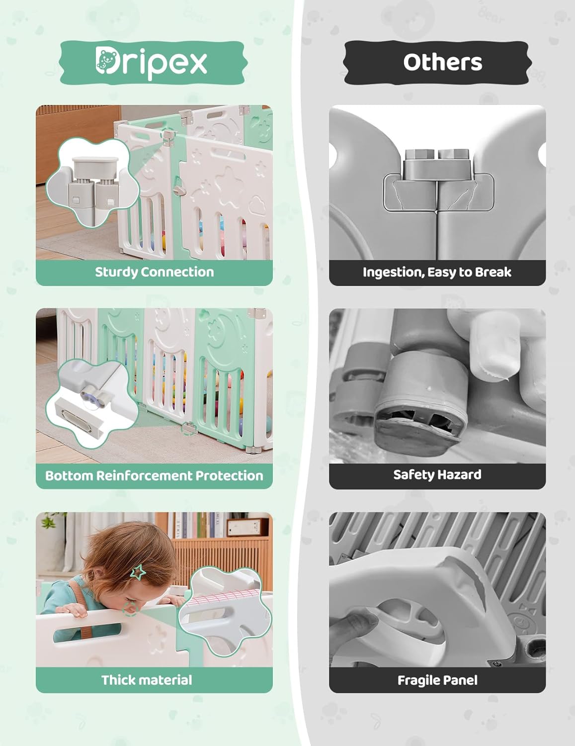 Baby Playpen, Dripex Baby Playard for Babies and Toddlers, 14-Panel Foldable Playpen Adjustable Portable Play Area, Indoor/Outdoor Kids Active Center with Game Panel & Safety Gate, Grey White