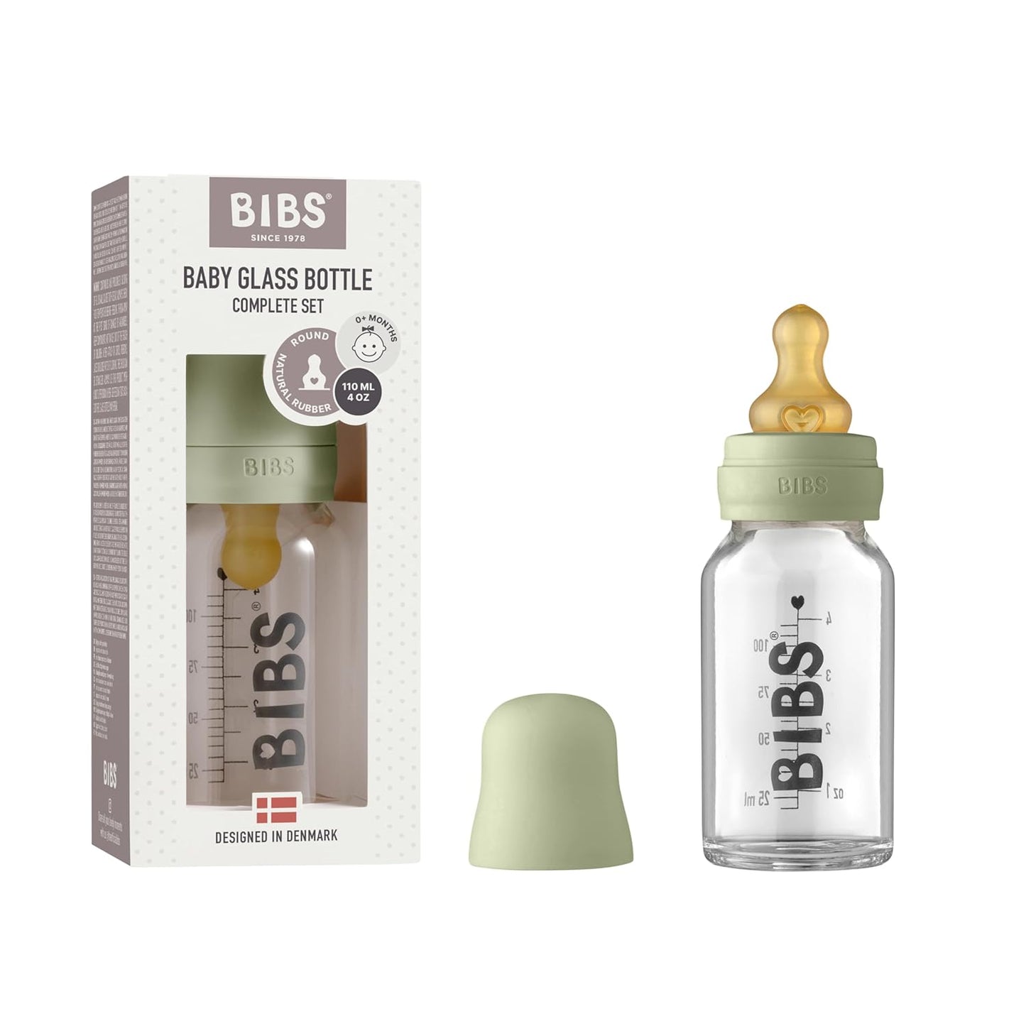 BIBS Baby Glass Bottle. Anti-Colic. Round Natural Rubber Latex Nipple. Supports Natural Breastfeeding, Complete Set - 110 ml, Cloud