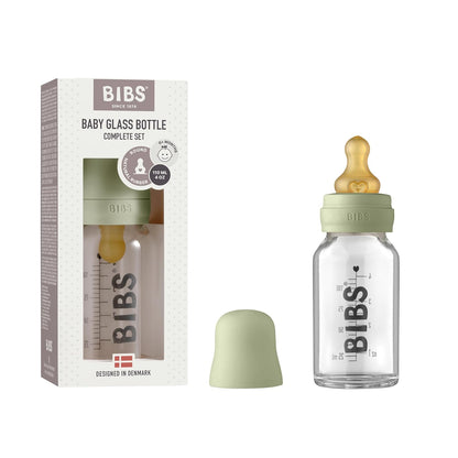BIBS Baby Glass Bottle. Anti-Colic. Round Natural Rubber Latex Nipple. Supports Natural Breastfeeding, Complete Set - 110 ml, Cloud