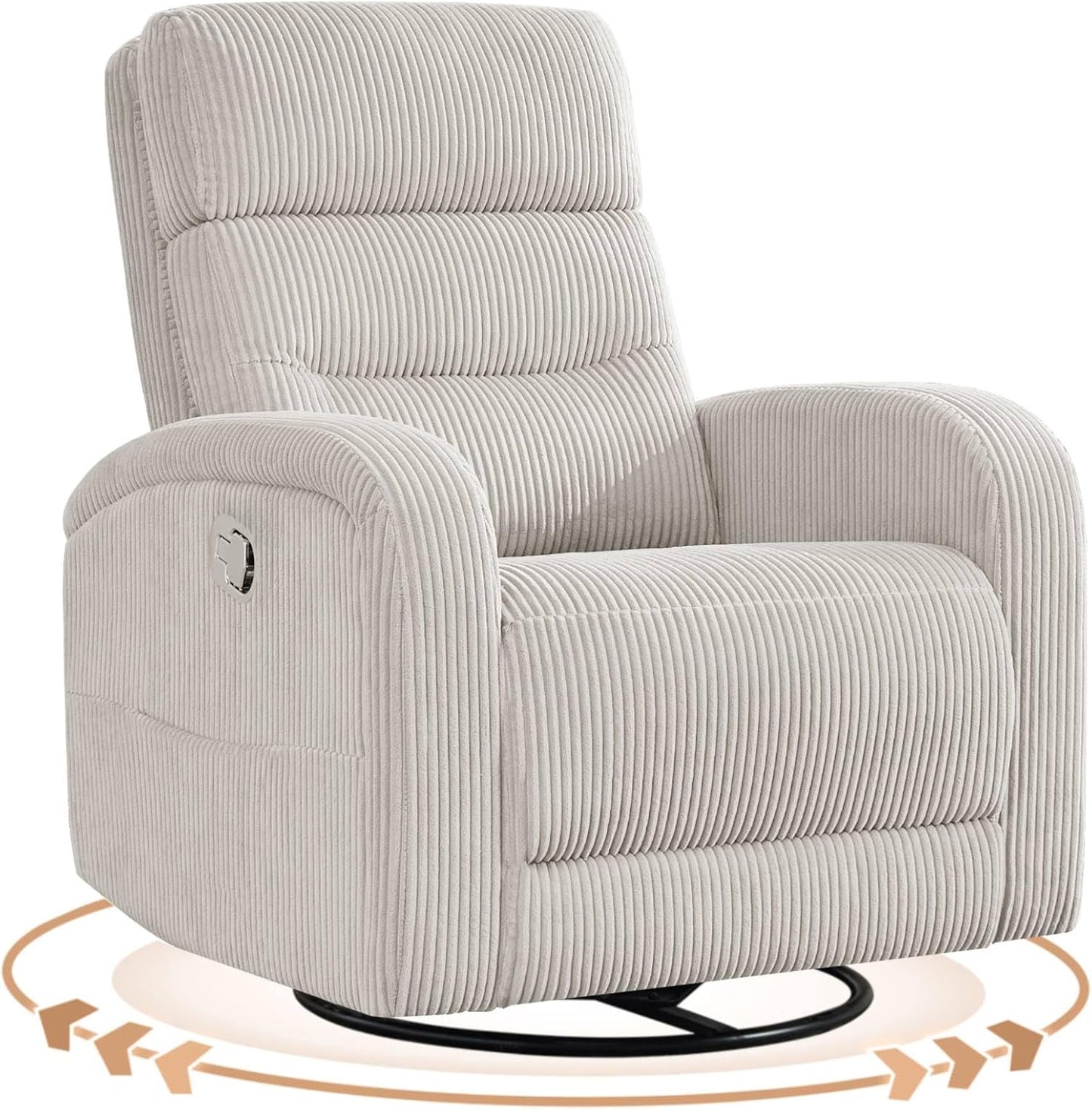 Power Swivel Rocker Recliner Chair for Nursery, Swivel Reclining Rocking Chairs, Electric Glider for Living Room, Upholstered Recliner Chairs for Bedroom, Corduroy White
