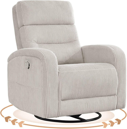 Power Swivel Rocker Recliner Chair for Nursery, Swivel Reclining Rocking Chairs, Electric Glider for Living Room, Upholstered Recliner Chairs for Bedroom, Corduroy White