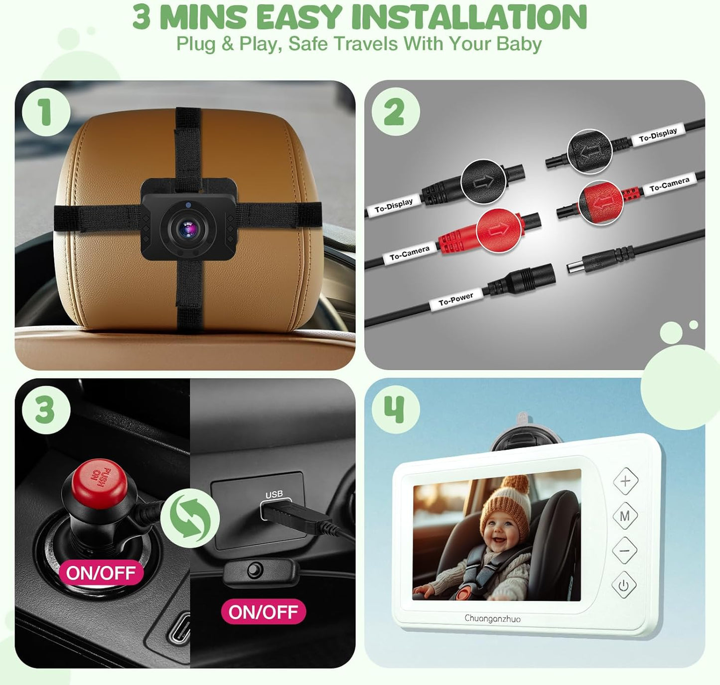 5'' Baby Car Camera with NO.1 Night Vision, USB Powered, Mirror/Normal Mode, 1080P IPS Crystal-Clear Car Baby Monitor With Brightness Setting & 3X Zoom, infant Backseat Camera, S100U, 5inch Black