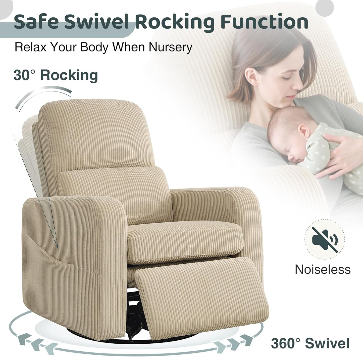 Swivel Rocker Recliner, Oversized Boucle Glider Recliner Nursery, Manual Swivel Rocking Reclining Chairs with Removable Cushion and Lumbar Support for Nursery Living Room Bedroom, Teddy White
