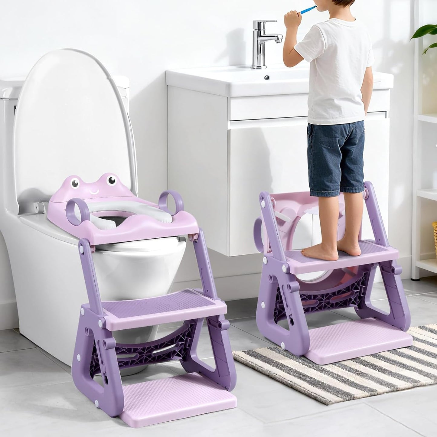 Orzbow Potty Training Seat | Upgrade Toddler Potty Training Toilet with Step Stool, 2-in-1 Stability Toilet Seat for Boys Girls | with Splash Guard, Anti-Slip Pad, Ladder, and Height Adjustable, Pink