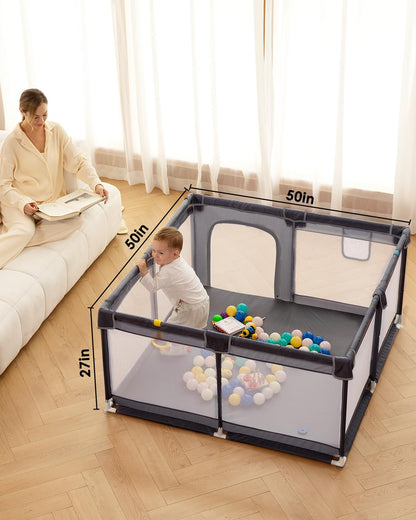 Baby Playpen with Mat, 71" x 59" Extra Large Play Yard for Babies and Toddlers, Baby Fence with Soft Thick Play Mat, Indoor Safety Activity Center for Infants, Easy to Assemble and Clean（Gray）