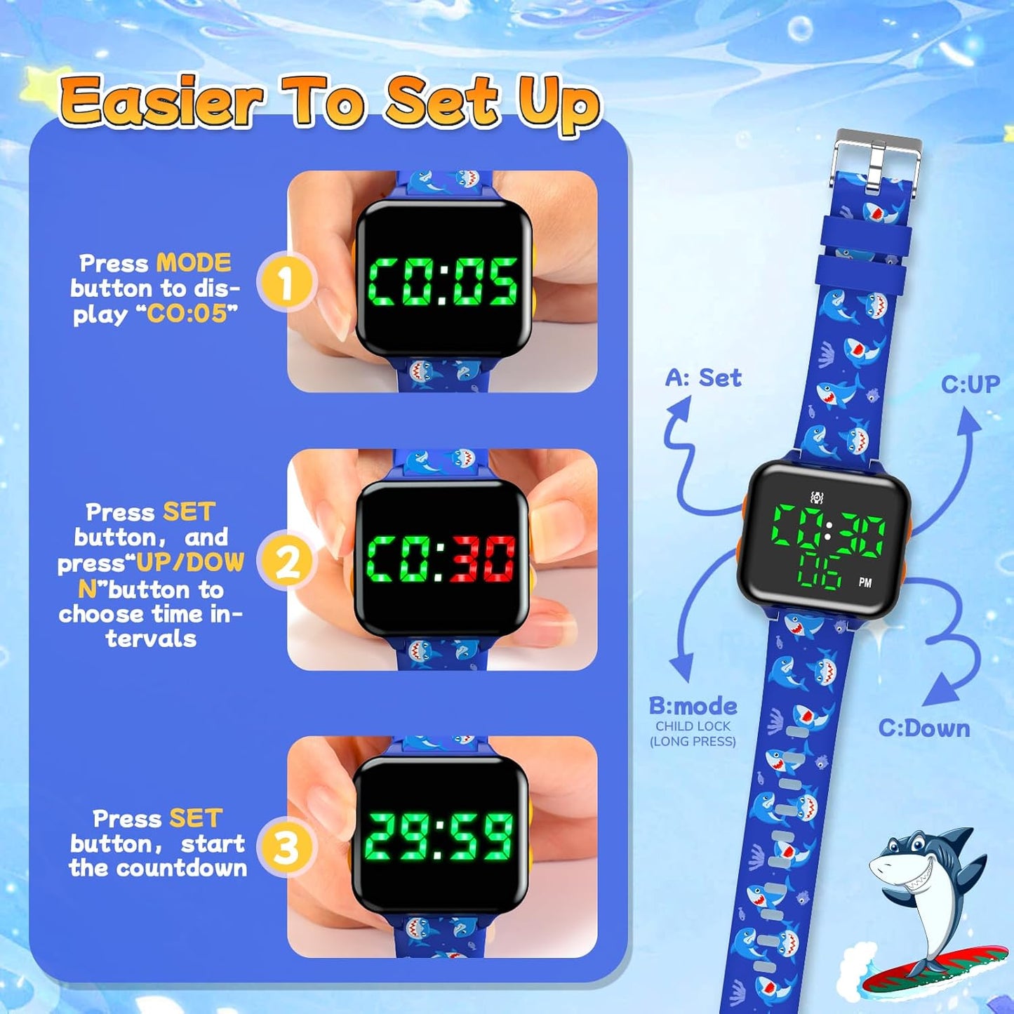 Potty Training Watch and Board Book for Kids: Water Resistant Potty Watches for Toddler Boys Rechargeable Toilet Reminder Dinosaur Toddler Watch 1-3 Birthday Gifts for 2 3 4 Year Old Boy (Blue)