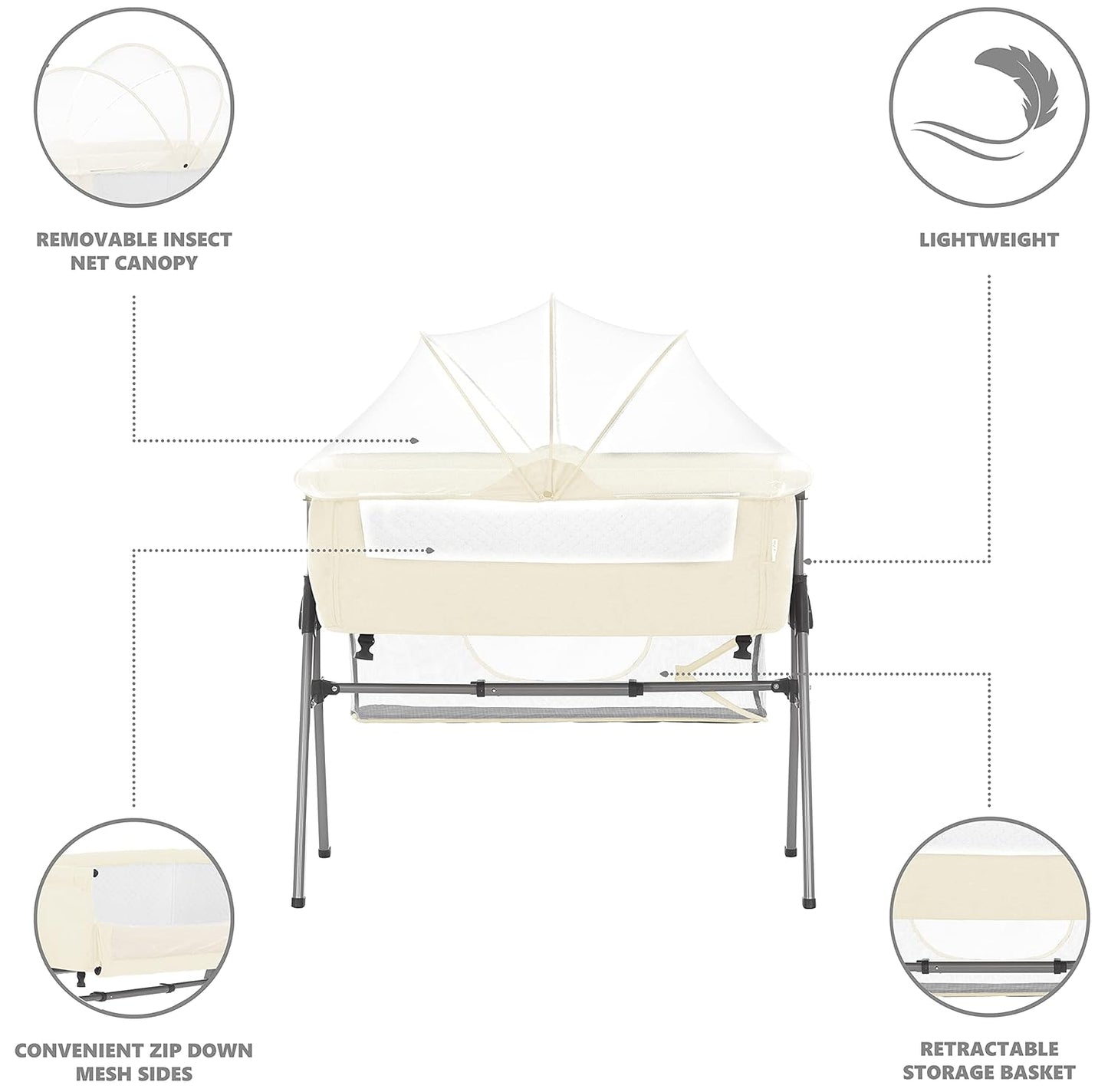 Dream On Me Lotus Bassinet and Bedside Sleeper in Ivory, Lightweight and Portable Baby Bassinet, Adjustable Height Position, Easy to Fold and Carry Travel Bassinet- Carry Bag Included Small