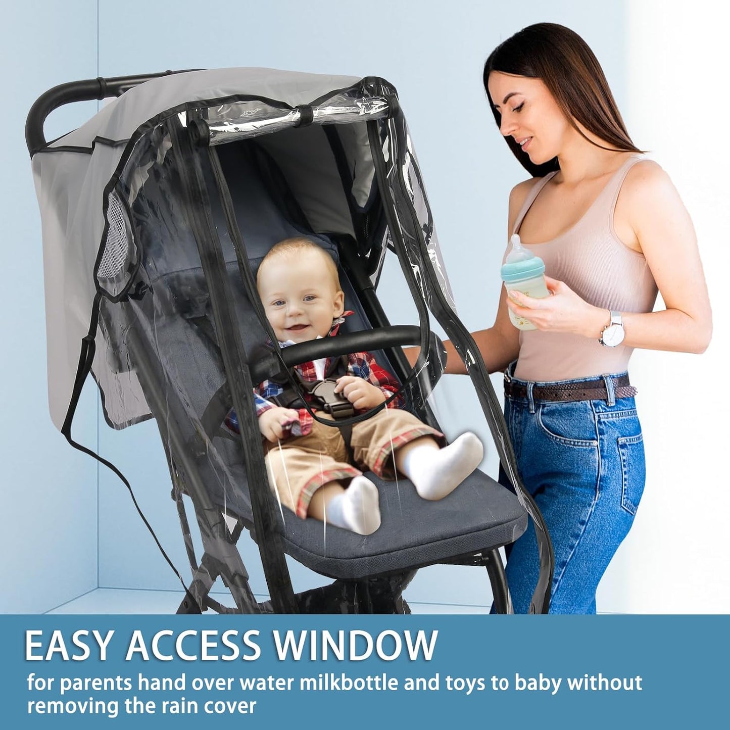 Stroller Rain Cover, Universal Clear Breathable Weather Shield with Waterproof 2-Way Zippers Open, 4 Seasons Protection for Baby from Rain, Wind, Snow (Two Ways Open on Front)