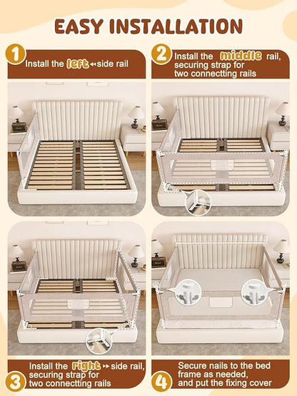 VBABY 3-Piece Bed Rails for Queen Bed, Sturdy Baby Bed Rail Guard for Toddler, Adjustable Height Queen Bed Rails with Headboard Rod, Grey, 59 x 78.7 x 78.7 in