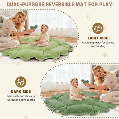 5-in-1 Baby Activity Gym & Play Mat with 6 Hanging Toys, Tummy Time Mat & Cards - Extra Large, Reversible Machine Washable Pad - Gift for Newborns, Infants 0-12 Months, Green