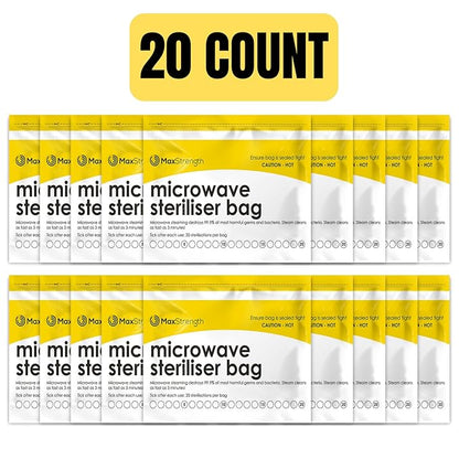 Max Strength Pro Microwave Steam Sterilizer Bags 20pc for Baby Bottles, Soothers, Teethers, Breast Pump Parts, Training Cups, Accessories, Reusable Large Bags, 20 Uses Per Bag, Easy Tracking System