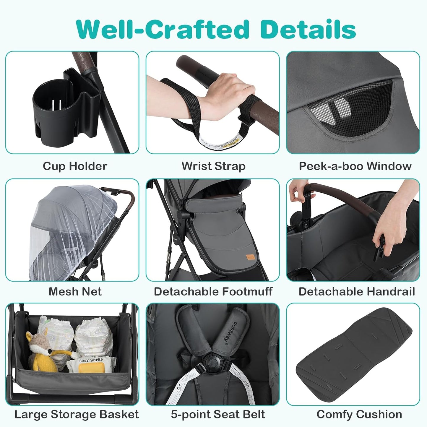 BABY JOY 2 in 1 Baby Stroller, High Landscape Convertible Bassinet Stroller with Reversible Seat, Net, Adjustable Canopy, Cup Holder, Foldable Pushchair Pram Stroller for Newborn Toddlers (Gray)