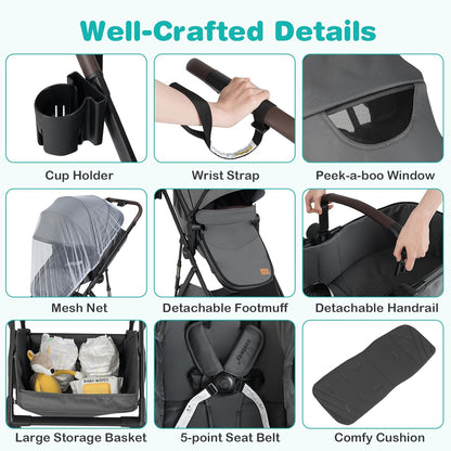 BABY JOY 2 in 1 Baby Stroller, High Landscape Convertible Bassinet Stroller with Reversible Seat, Net, Adjustable Canopy, Cup Holder, Foldable Pushchair Pram Stroller for Newborn Toddlers (Gray)
