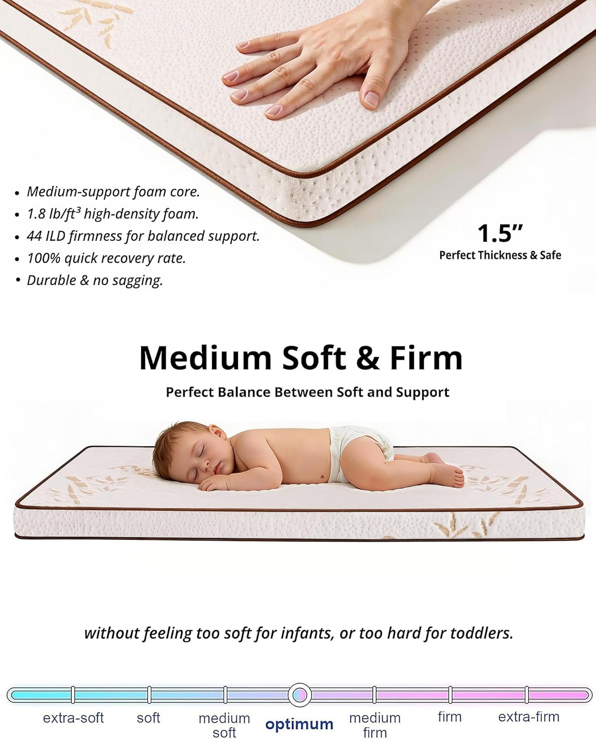Pack and Play Mattress 38"x26" Playard Baby Pad for Pack n Play, No Gap Safer 3D Piped Edge, 1.5" Thick Medium Firm, Breathable Waterproof Washable Cover, White