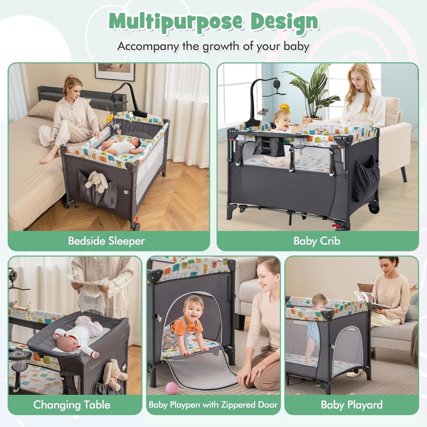 HONEY JOY Baby Bedside Sleeper, 6-in-1 Pack and Play w/Infant Bassinet, Diaper Changing Table & Portable Play Yard, 3 Adjustable Heights, Music Box & Side Storage Bag, Carry Bag(Black)