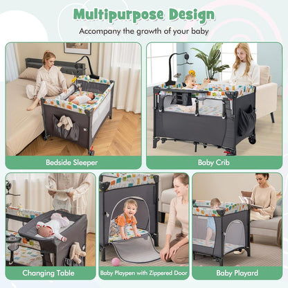 HONEY JOY Baby Bedside Sleeper, 6-in-1 Pack and Play w/Infant Bassinet, Diaper Changing Table & Portable Play Yard, 3 Adjustable Heights, Music Box & Side Storage Bag, Carry Bag(Black)