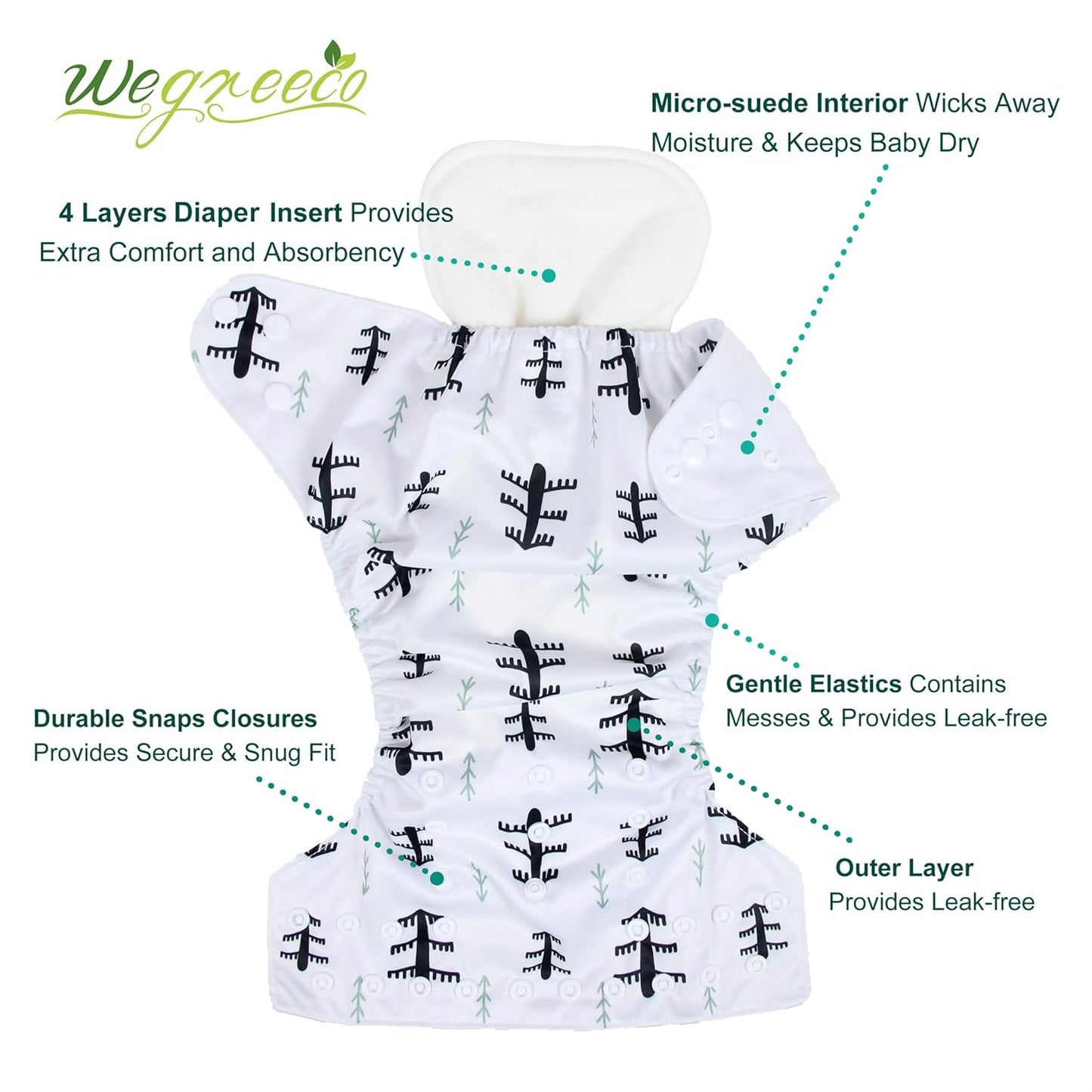 wegreeco Cloth Diapers 6 Pack with 6 Inserts & 1 Wet Bag, Washable Cloth Diapers for Babies, One Size Adjustable Reusable (Flower)