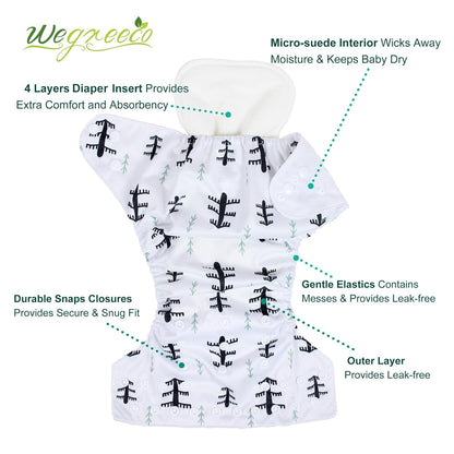 wegreeco Cloth Diapers 6 Pack with 6 Inserts & 1 Wet Bag, Washable Cloth Diapers for Babies, One Size Adjustable Reusable (Flower)