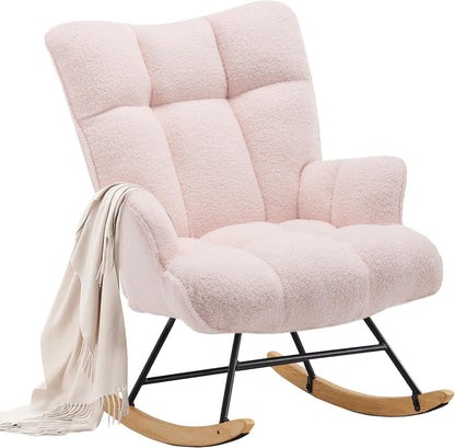 Zedachica Rocking Chair Nursery Teddy Upholstered Glider Rocker Rocking Accent Chair Padded Seat with High Backrest Armchair Comfy Side Chair for Living Room Bedroom Offices (Black Teddy)