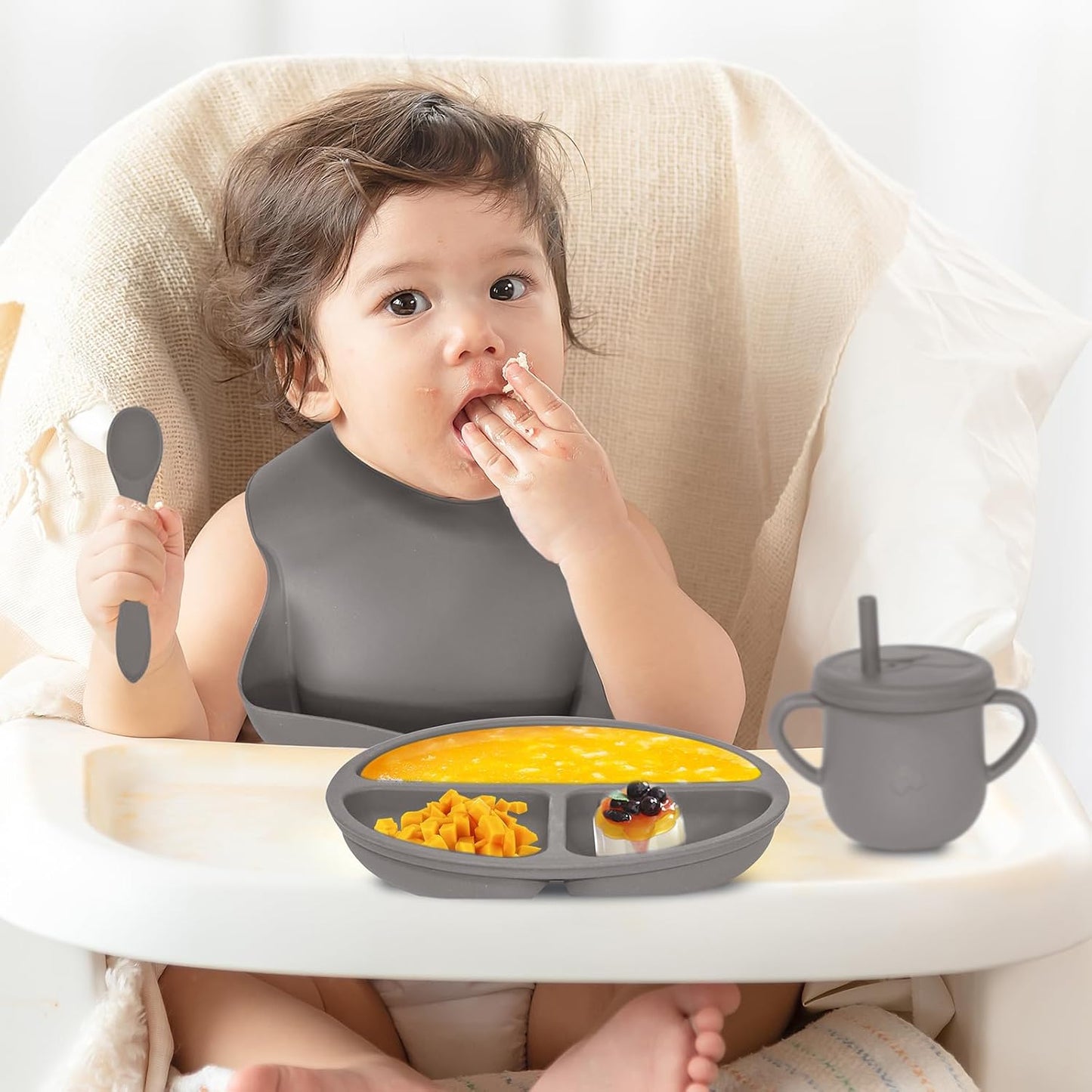 100% Silicone Baby Feeding Set, BPA Free Baby Dishes with Suction Bowl, Divided Plate, Toddler Self Feeding Dish Set with Spoons, Forks, Sippy Cup and Bib, Baby Eating Utensils (Navy Blue)