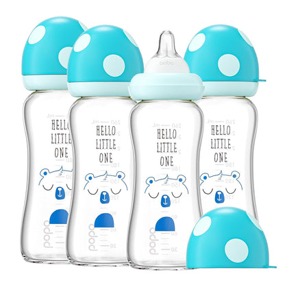 YOHKOH Natural Glass Baby Bottle with Level 1 Slow Flow Nipple, Newborn Anti-Colic Baby Bottles, Wide Neck Mushroom Baby Glass Bottle (Multicolour-A, 3.4oz (Pack of 4))
