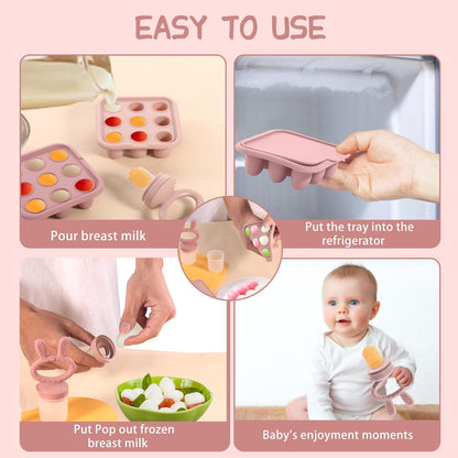 WAJIAYON Baby Breastmilk Popsicle Molds & Baby Fruit Feeder (4 Pack), Infant Food Freezer Tray Storage Containers, Silicone Teething Pacifier Feeder and Teether for Babies（Pink&Purple）