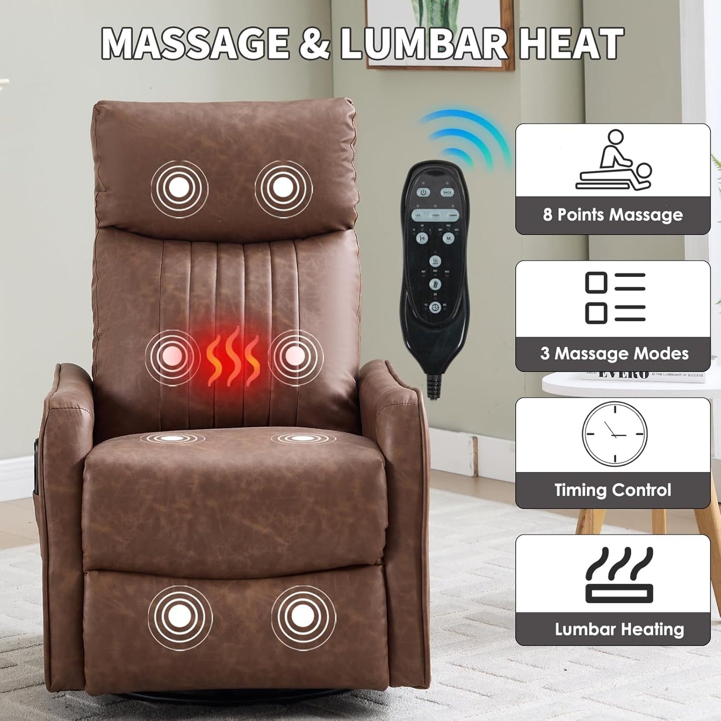 Trustyue Swivel Rocker Recliner Chair, 360° Swivel Recliner with Heat and Massage, Rocker Recliner Nursery Glider Chair with Side Pockets for Living Room (Beige, Fabric)