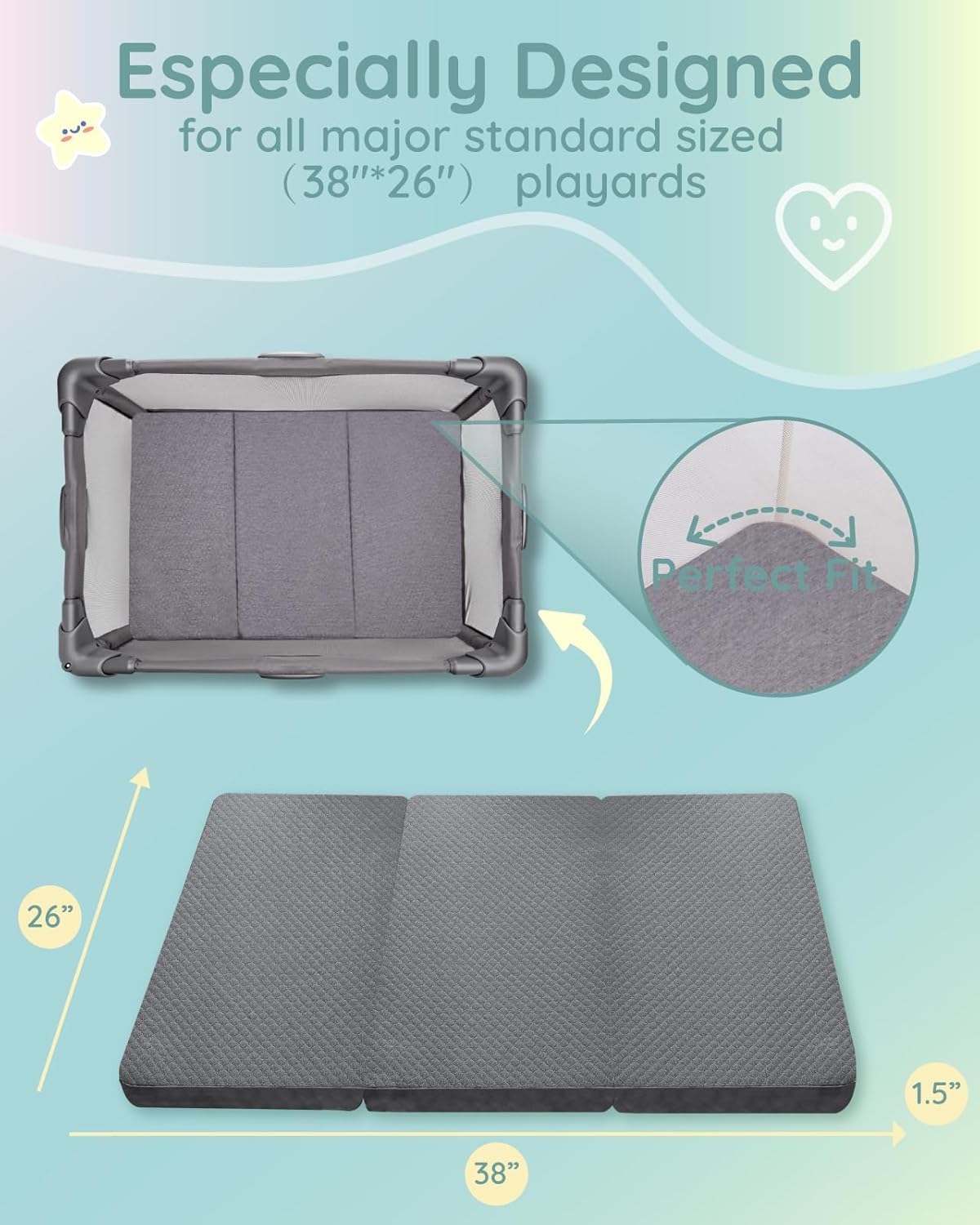 Lilian&Gema Pack and Play Mattress 38"x26"x1.5", Pack N Play Mattresses Pad for Play Pen and Playard, Premium Foam Playpen Mattress Topper with Washable Cover & Traveling Bag for Baby Toddler