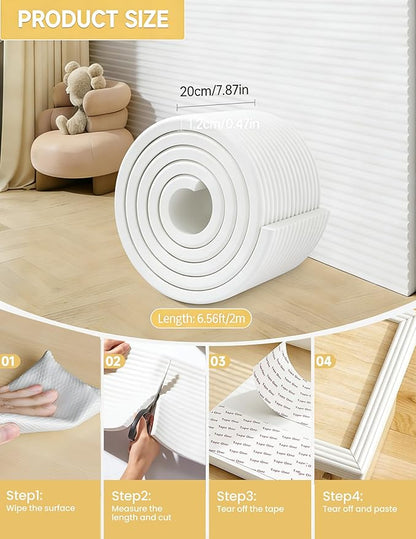 7.9''W Extra-Wide Edge Protector, 6.56FT 0.47''Th Baby Proofing Corner Guards, Safety Furniture Bumper, Pre-Taped, Thick Soft Rubber Foam Padding for Fireplace Table Stair Cabinet (White Gray)