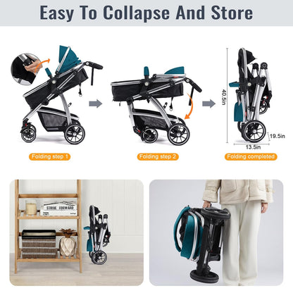 Baby Stroller, 2-in-1 Reversible Toddler Seat with Lie-Flat Mode, Foldable Infant Stroller with Canopy, One Button Brake, Adjustable Handle, Newborn Pushchair (Black B)