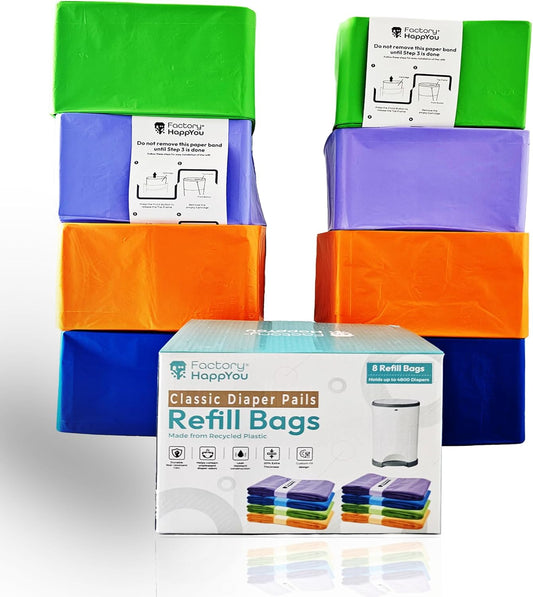 Factory Happyou® Pack of 8 Refills Compatible with Dekor CLASSIC Pails (NOT COMPATIBLE WITH DEKOR PLUS). Each refill is 472 in Long, 30% Thicker, Odor Control. Each refill holds up to 600 Diapers