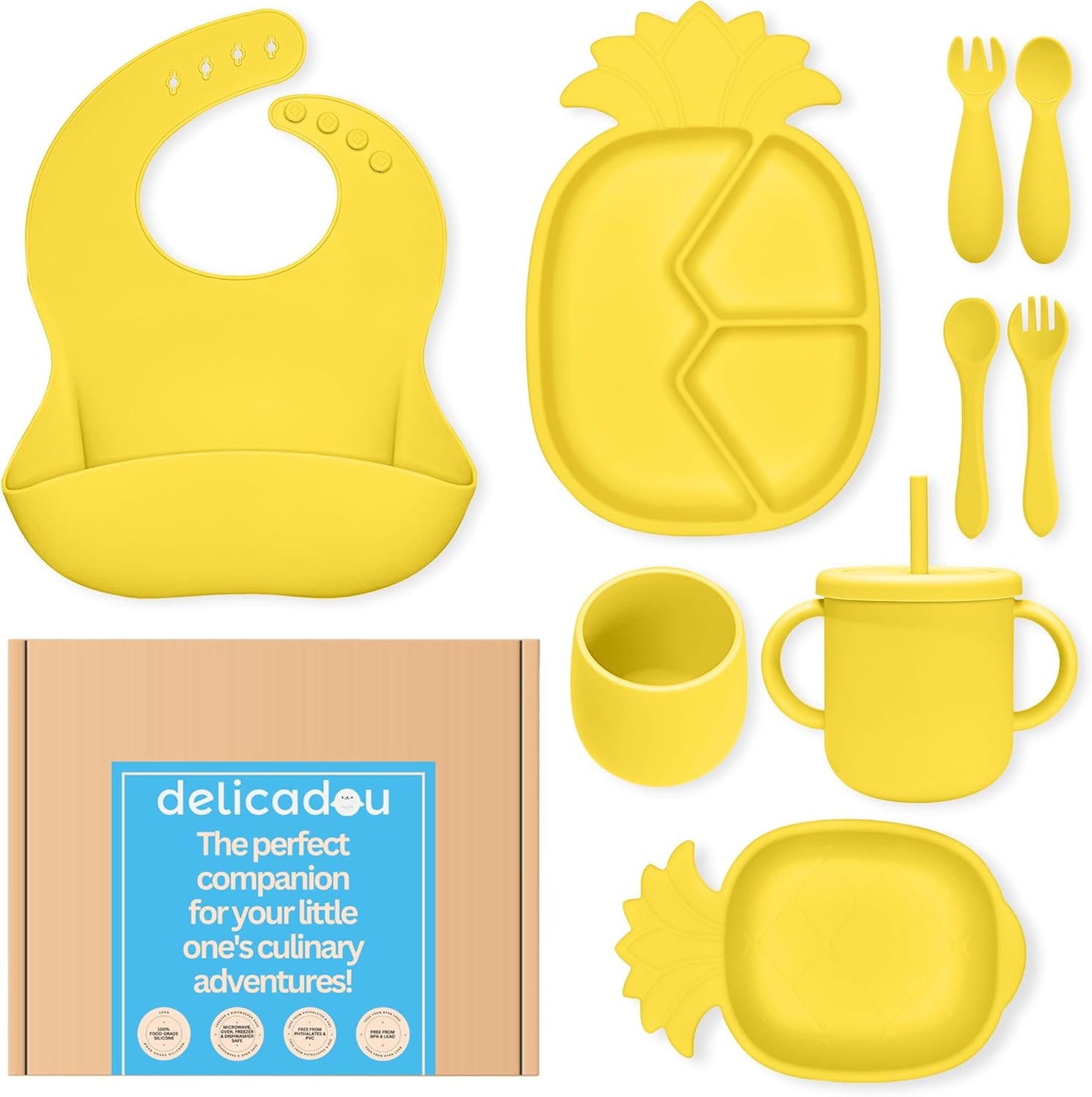 Silicone Baby Feeding Set - 9 Pieces - First Stage Solid Food Eating Baby Utensils - 6+ Months - Crab Shape
