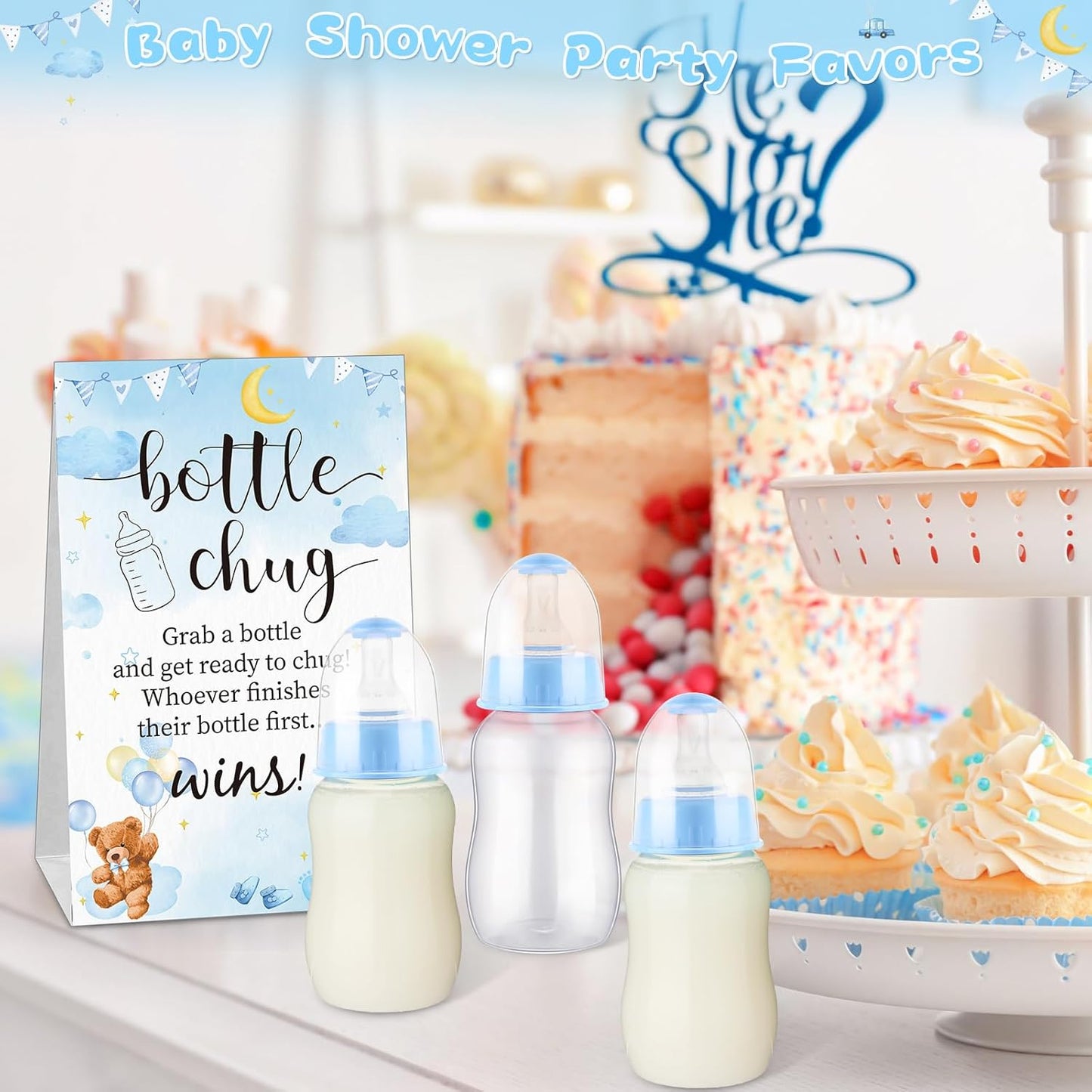 TrelaCo Bottle Chug Baby Shower Game 20 Pcs Baby Bottles Shower Favor with 1 Greenery Theme Sign for Gender Reveal Party Supplies Gifts(Green)