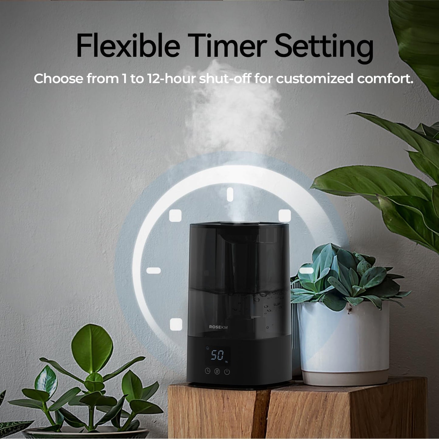 ROSEKM Humidifiers for Bedroom, 2.0L Cool Mist Humidifier for Home Plant and Baby Nursery, Quiet Ultrasonic Humidifier with 360° Nozzle, Auto Shut-Off, Filterless, Black