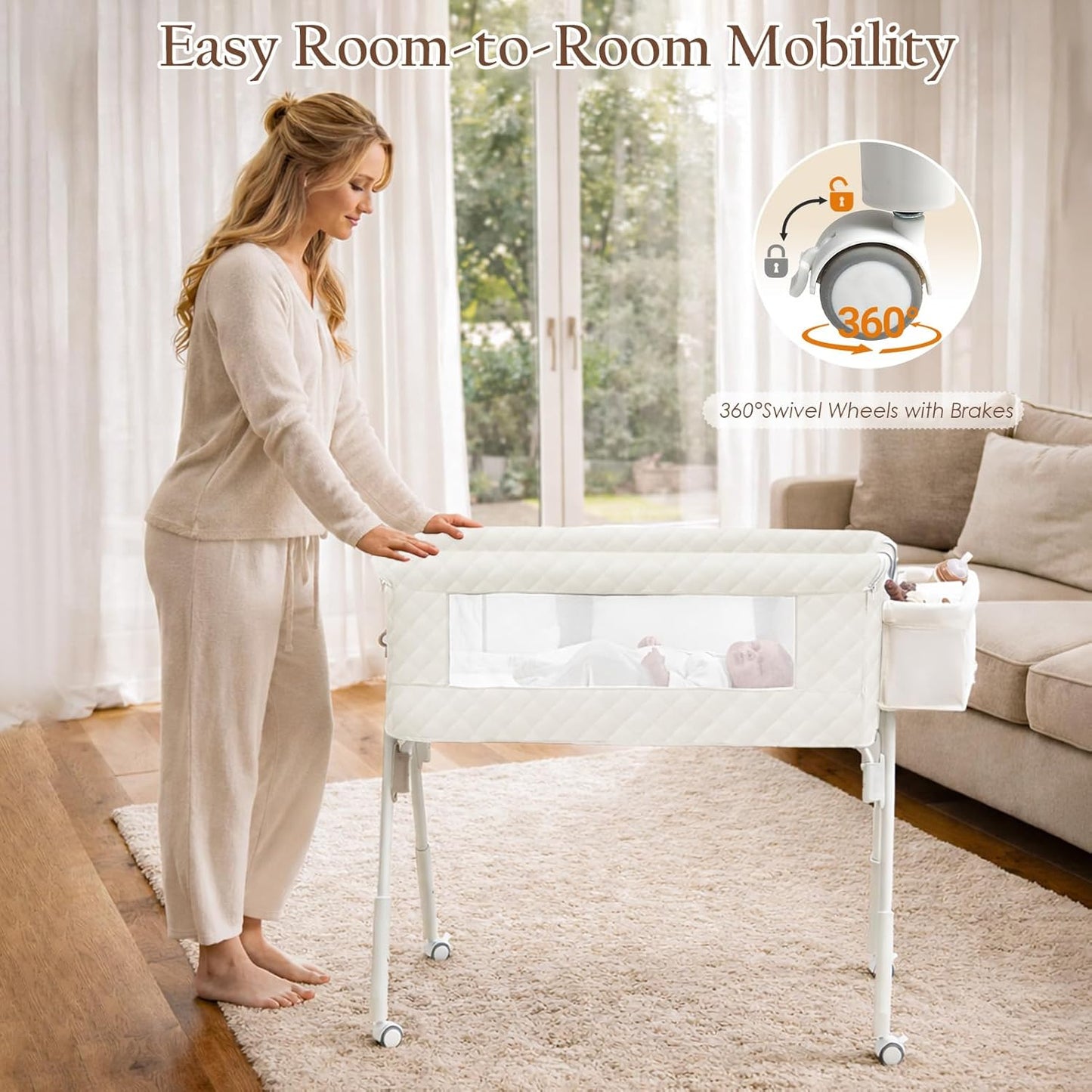 Baby Bassinet Bedside Crib for Newborn, 4-in-1 Baby Bassinet Bedside Sleeper with Mesh & Mattress, Easy Move Crib for Newborns with Lockable Wheels & Storage Basket, 4-Adjustable Height(Grey) | Bassinet with Wheels, Storage Basket, 4 Height Adjustable