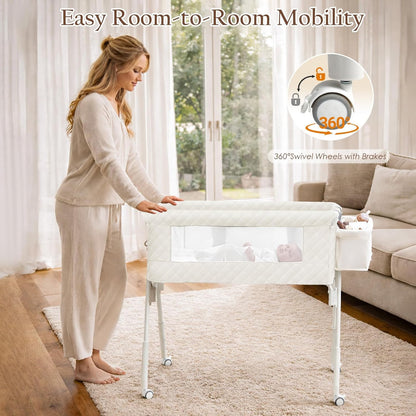 Baby Bassinet Bedside Crib for Newborn, 4-in-1 Baby Bassinet Bedside Sleeper with Mesh & Mattress, Easy Move Crib for Newborns with Lockable Wheels & Storage Basket, 4-Adjustable Height(Grey) | Bassinet with Wheels, Storage Basket, 4 Height Adjustable