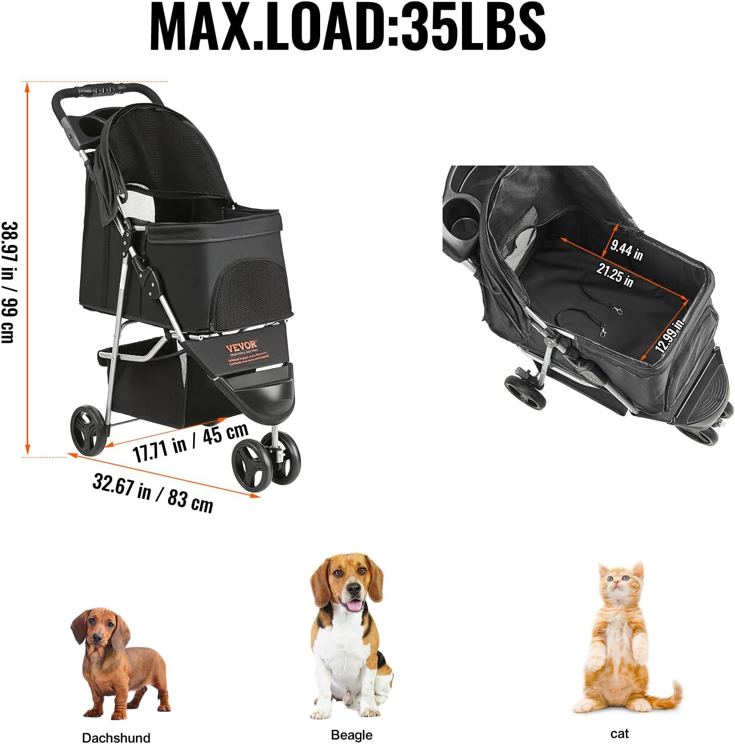 VEVOR Pet Stroller, 44 lbs Weight Capacity, Foldable Dog Cart, 4 Wheels Cats Stroller with Mesh Windows & Revrsible Handle, Portable Pet Carrier with Brake, for Small to Medium Pets