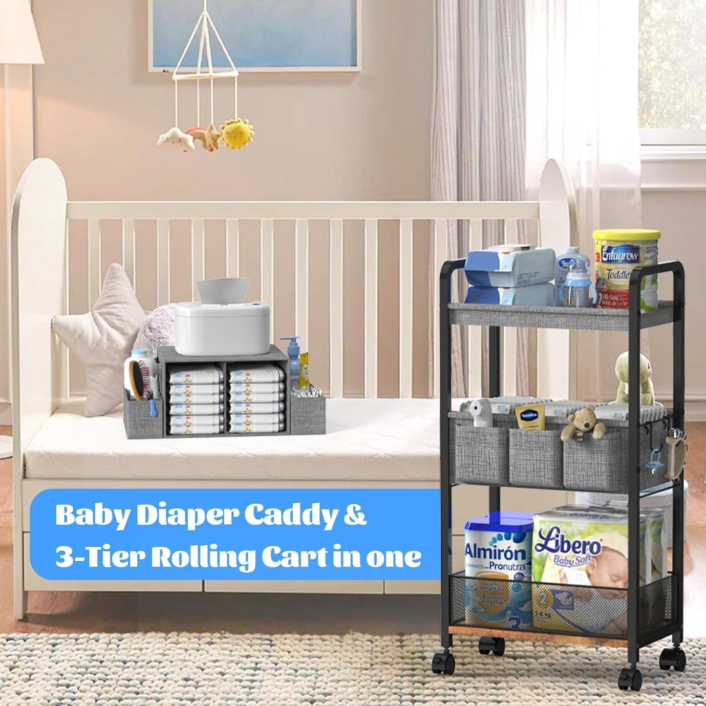 2IN1 Baby Diaper Caddy Organizer & 4-Tier Rolling Cart, Bedside Cart for Baby Essentials Nursery With Drawers, Metal Mobile Diaper Caddy Cart with Wheels, Storage Basket with Dividers for Baby Shower