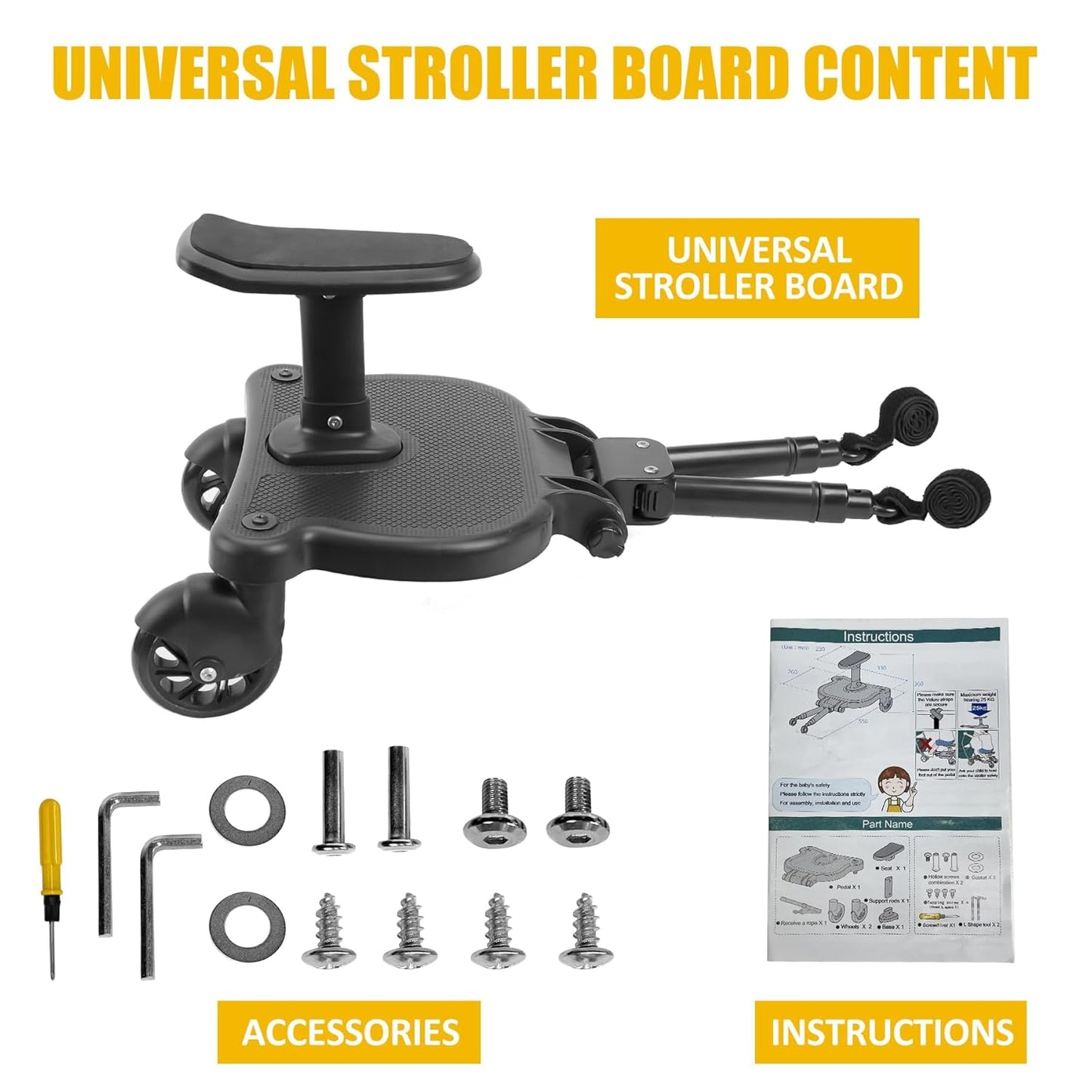 2026 New-Universal Stroller Board with Detachable Seat, 2in1 Sit and Stand Stroller Connectors for Most Strollers, Holds Children Up to 55 LBs Stroller Standing Board(Black)