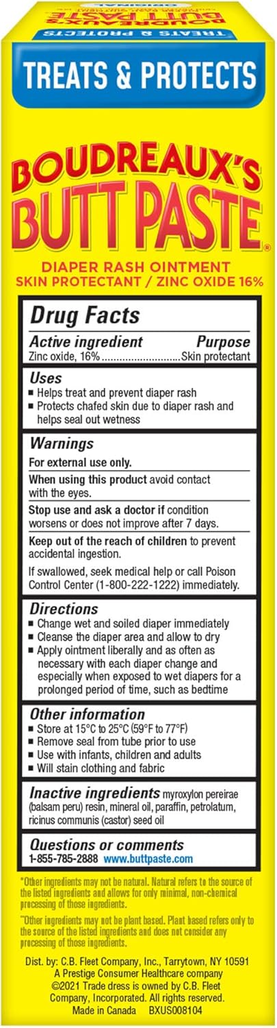 Boudreaux's Butt Paste Original Diaper Rash Cream, Diaper Cream for Baby, Fast Relief from Mild Discomfort, Pediatrician-Recommended Brand, 4 oz Tube