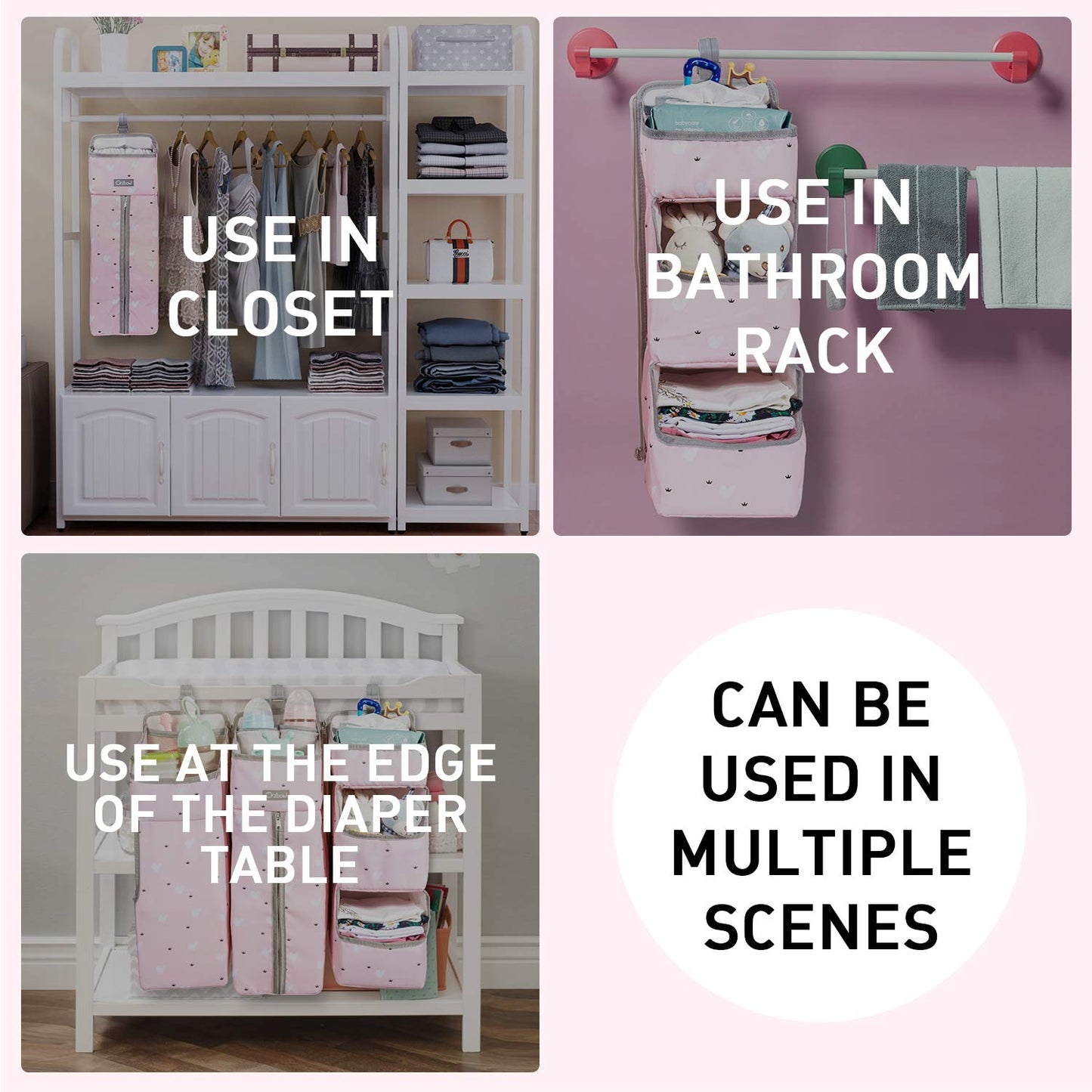 Orzbow 3-in-1 Hanging Diaper Caddy Organizer for Changing Table, Nursery Organization and Diaper Stacker for Crib Wall, Removable Diaper Organizer for Baby Girl Essentials, Pink