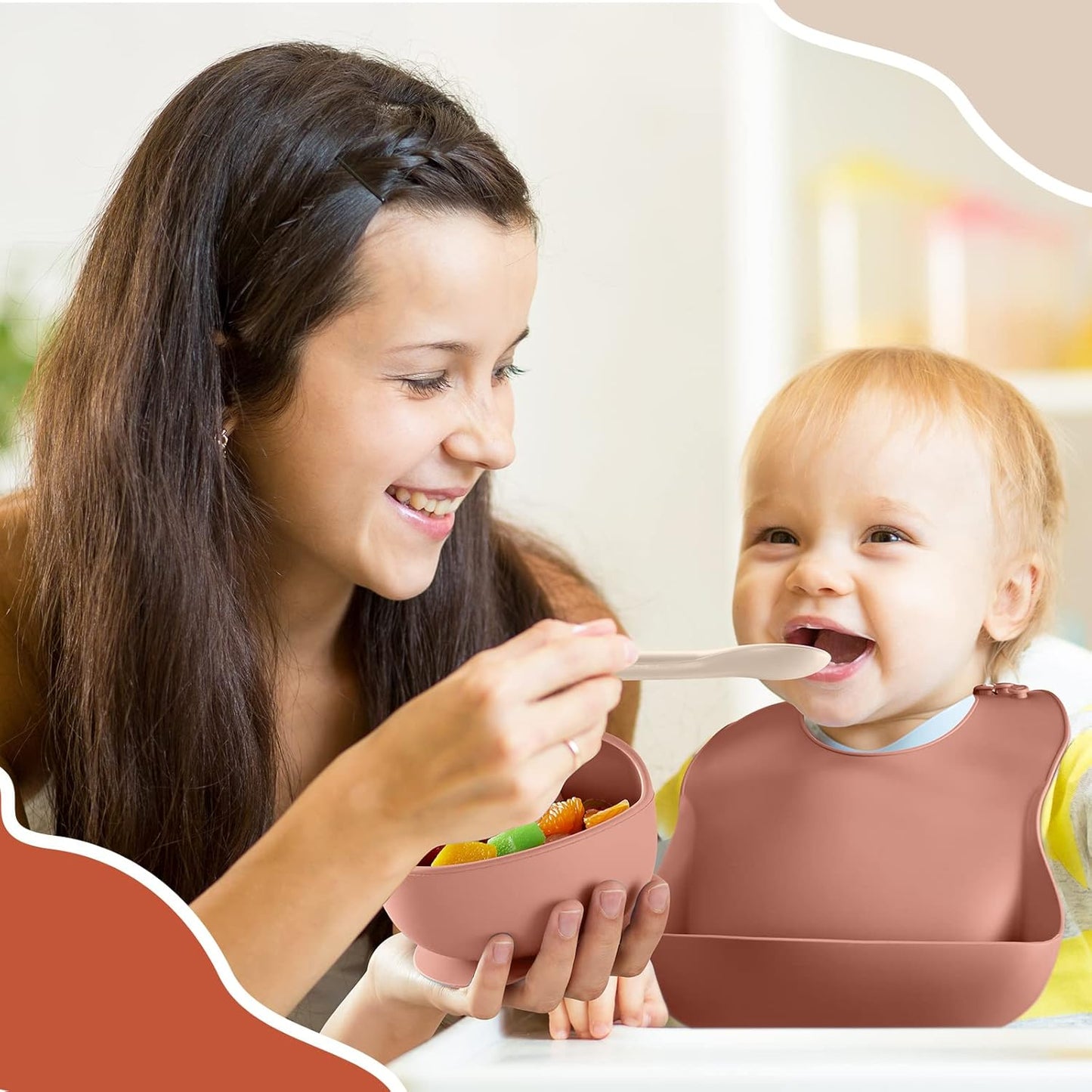 10 Pack Silicone Baby Feeding Set, Toddlers Led Weaning Feeding Supplies with Suction Baby Bowl Divided Plate Adjustable Bib Soft Silicone Spoon Fork, Infant Self Eating Utensil Set (Gray, Khaki)